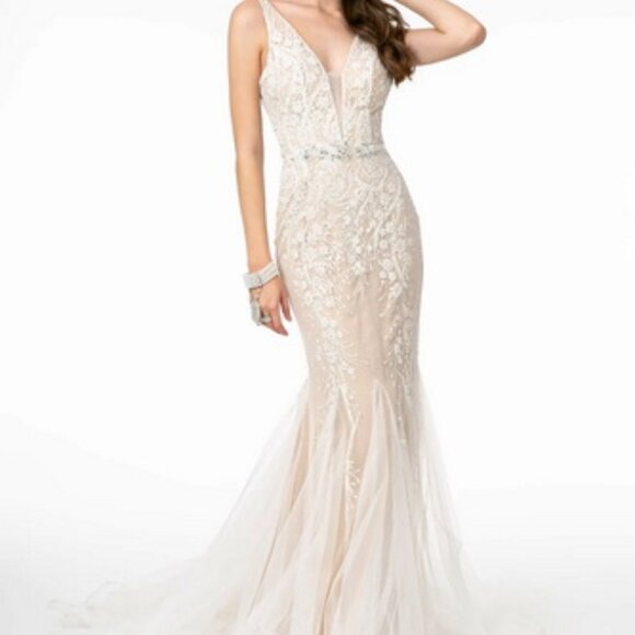 GLS By Gloria Ivory Glitter Embellished V-neck Mermaid Dress